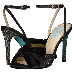 NEW Blue By Betsy Johnson Strappy Stiletto Heels, Black Velvet Bows, Peep Toe